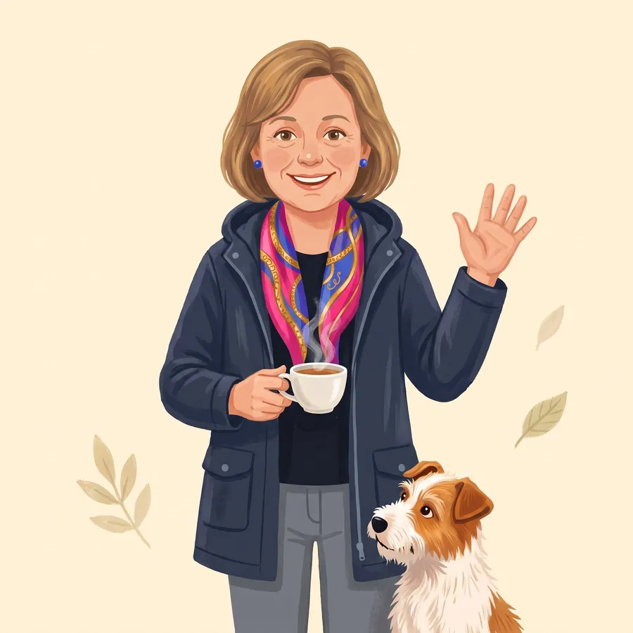 Granny T waving with a cup of tea