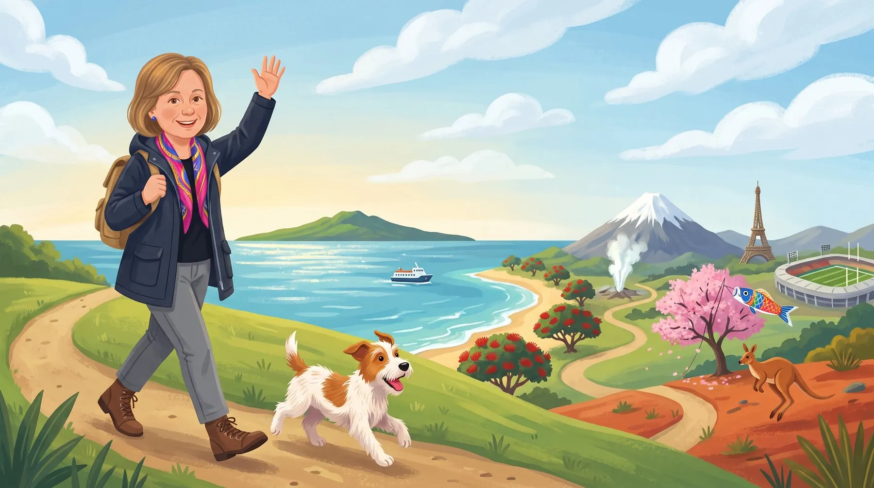 Granny T waving and Archie running along a path towards all their adventures